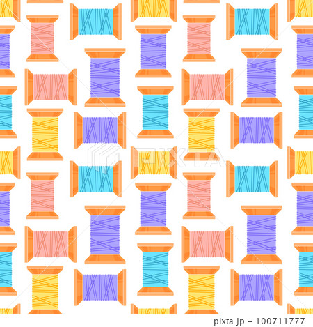 Seamless sewing pattern, spools of thread on a white background. Hobby background, print, textile, wallpaper, vector 100711777