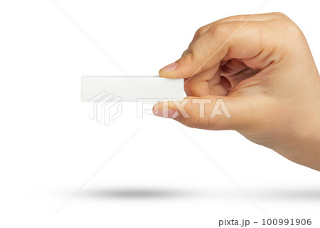 White minus symbol in hand. White mathematical symbol minus in hand on a white isolated background. 100991906