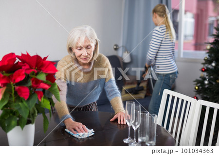 Woman cleaning table with rag at home before christmas 101034363