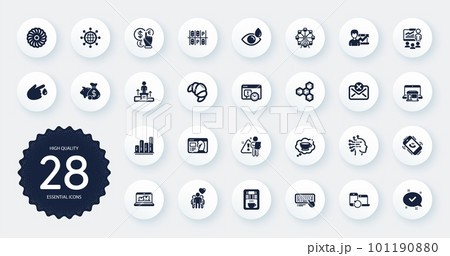 Set of Business icons, such as Marketplace, Coffee cup and Croissant flat icons. Web inventory, Business podium, Recovery devices web elements. Reject mail, Blood donation, Parking place signs. Vector 101190880