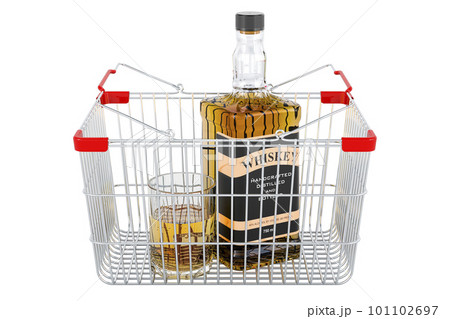 Whiskey bottle and full glass of whiskey inside shopping basket, 3D rendering 101102697