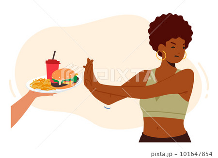 Woman Character Confidently Declined The Unhealthy Foods Offered To Her, Choosing To Prioritize Health And Well-being 101647854