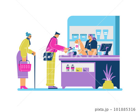 Pharmacy store counter desk, happy pharmacist selling drugs - flat vector illustration isolated on white background. 101885316