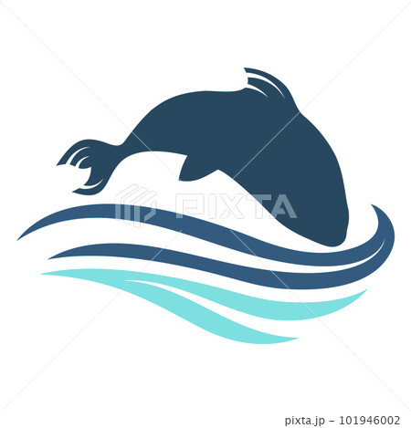 Fish silhouette in a jump over blue waves 101946002