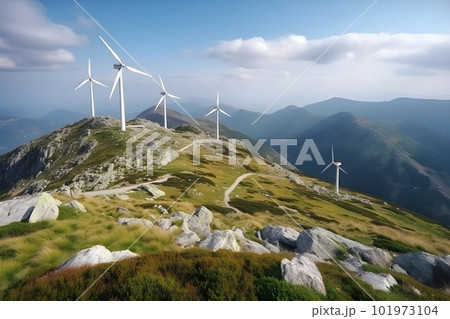 Energy saving windmills, turbin at nature, sea, mountains, fields 101973104