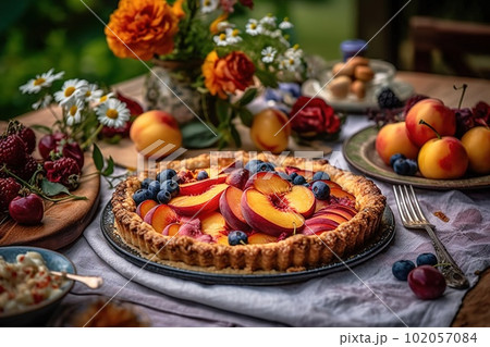 A delicious, summer fruit tart , showcasing an assortment of ripe, juicy fruits, such as peaches, plums, and berries, on outdoor picnic table with a colorful tablecloth and flowers. Generative AI. 102057084