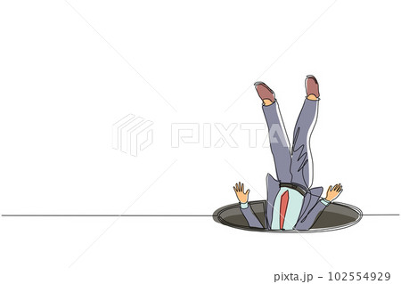 Continuous one line drawing businessman falling into pit hole. Legs up. Logo protruding legs from the hatch, puddles. Metaphor. Failure. Defeat. Single line draw design vector graphic illustration 102554929