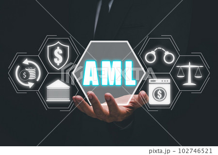 AML, Anti Money Laundering Financial Bank Business Concept, Person hand holding AML anti money laundering icon on vr screen. 102746521