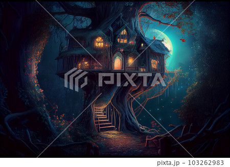 magical fantasy fairy tale scenery of tree house at night in a forest. Generate Ai. 103262983