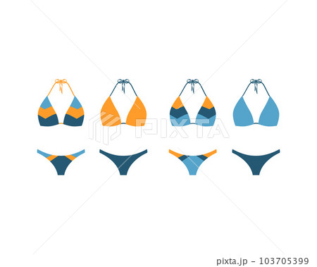 Swimwear set. A separate swimsuit in blue and yellow. Collection of colored swimsuits. Clothes for a beach holiday. Women s clothing. Vector illustration 103705399