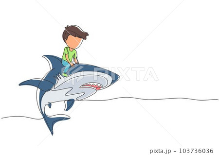 Continuous one line drawing little boy riding inflatable shark. Young kid sitting on back shark in swimming pool. Shark ocean fish in deep water. Single line draw design vector graphic illustration 103736036