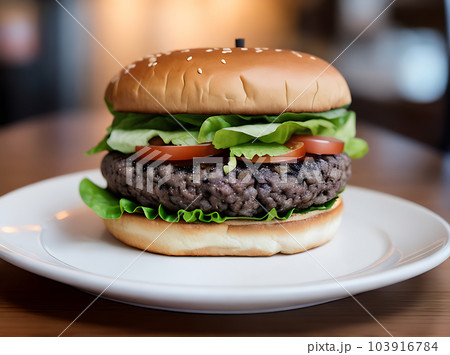 Realistic burger warm lighting cozy atmosphere restaurant. 103916784