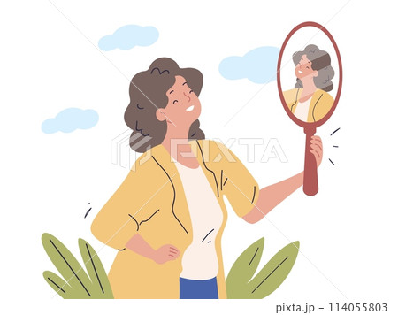 Mirror self awareness. Satisfied smile woman look reflection, know himself acceptance love expression cute girl think yourself knowledge affirmation concept vector illustration 114055803