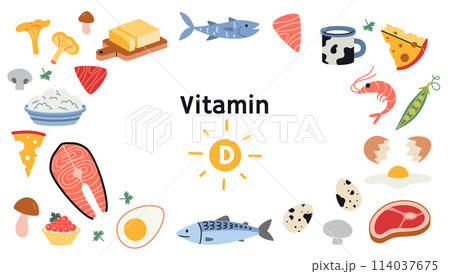 Frame with Best sources of vitamin D foods, cartoon style. Sea food, fish, meat, dairy products, eggs and vegetables set. Isolated vector illustration, hand drawn, flat design 114037675