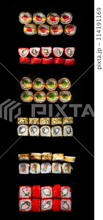 a set of rolls and sushi on a black background. 6 types of sushi rolls 114191169