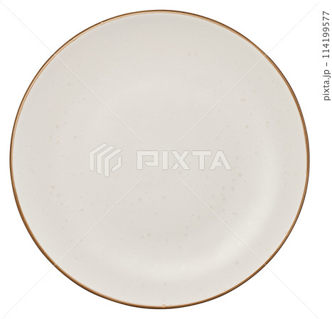 Empty white ceramic plate with brown edge on isolated background 114199577