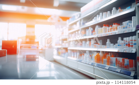 The blurred abstract background of the pharmacy. 114118054