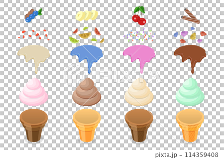 3D Isometric Flat  Conceptual Illustration of Creating Ice Cream, Sweet Summer Delicacy Sundaes 114359408