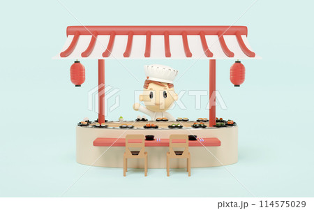 Japanese restaurant with sushi on conveyor belt isolated on blue background. 3d render illustration 114575029