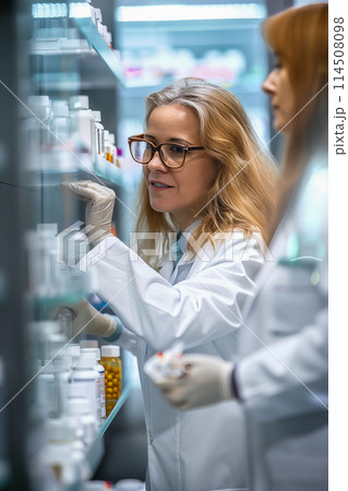 A woman in a white lab coat is looking at a shelf of medicine 114508098