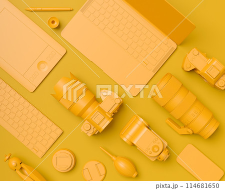 Top view of designer workspace and photography gear on monochrome table 114681650