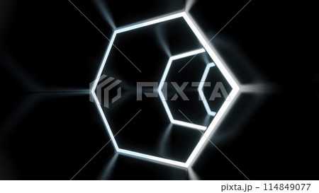 Flying inside dark virtual tunnel with neon hexagonal grid. Design. Bright neon grid of hexagons in the endless bending corridor. 114849077