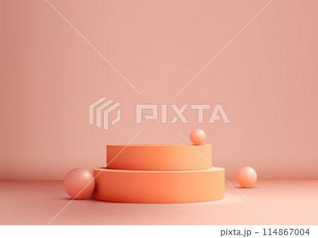 3D orange podium with pink balls sits on a soft pink background, minimal style 114867004