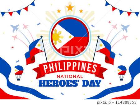 Philippines Heroes Day Vector Illustration with Waving Flag and Ribbon in a National Holiday Celebration, Flat Cartoon Style Background 114889555