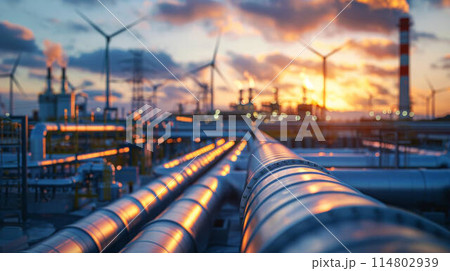 A hydrogen pipeline with wind turbines. High quality illustration 114802939