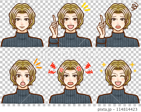 Illustration set of a blonde permed adult man wearing a high-necked sweater 114814423