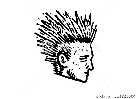 Vintage Punk Vector: Engraved Illustration of Mohawked Head. Icon Logotype. 114829604