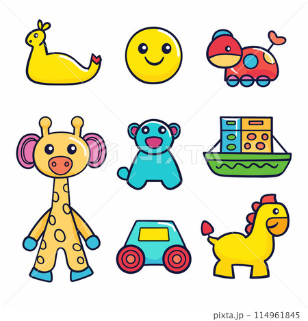 Collection bright colored childrens toys vector icons. Set includes yellow rubber duck, smiley face ball, giraffe, bear, toy boat, miniature car, dinosaur figure. Playful, cute kids toy 114961845