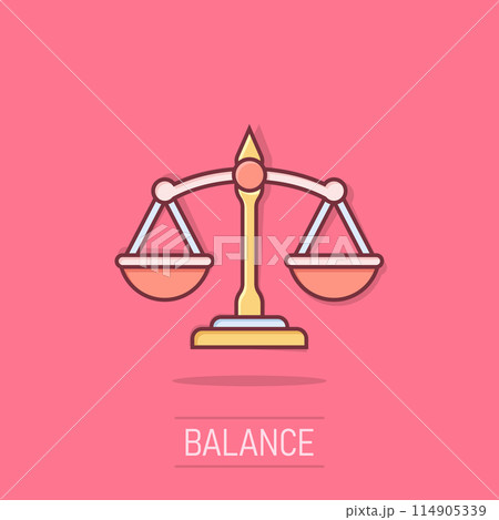 Scales icon in comic style. Libra cartoon vector illustration on isolated background. Mass comparison splash effect sign business concept. 114905339