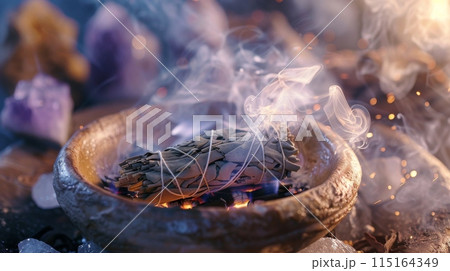 A burning sage bundle placed on a stone plate, with dense white smoke cleansing healing crystals 115164349