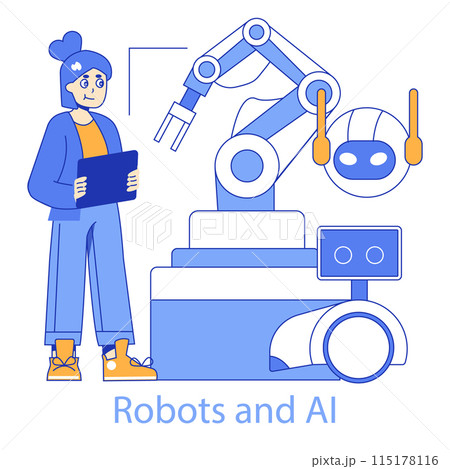 Robotics and AI concept. A woman interacts with advanced robotics, highlighting the human-tech collaboration. Future of automation and AI in vector art. 115178116