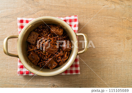 Jjapaguri or Chapaguri, Korean Black Beans Spicy Noodles with Beef 115105089