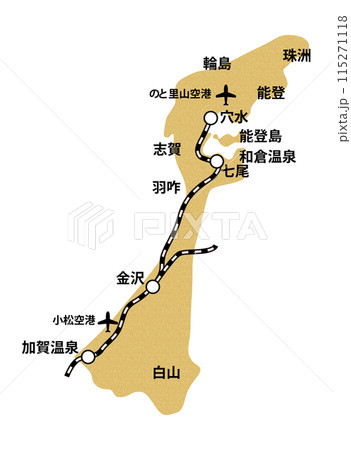 石川県の線路空港地名入り地図イラスト_コルク模様 115271118