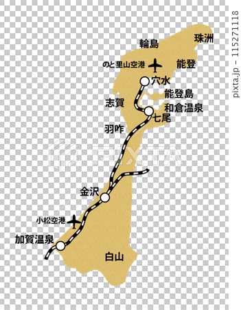 石川県の線路空港地名入り地図イラスト_コルク模様 115271118