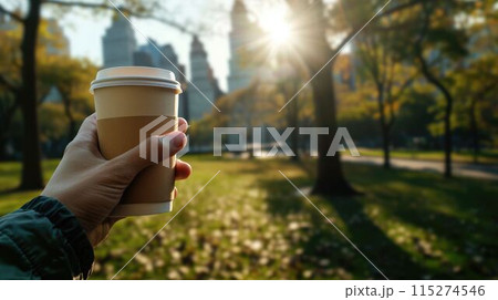 The close up picture of person is holding cup of the hot coffee in park. AIG43. 115274546