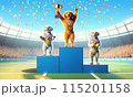 Three cartoon dogs standing on a sports podium with medals, celebrating their victory in a stadium filled with cheering crowds and confetti falling. 115201158