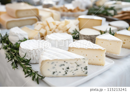 Display of fresh cheeses at local cheese festival or market against a backdrop of white minimalist decor. Small cheese dairy business concept. 115213241