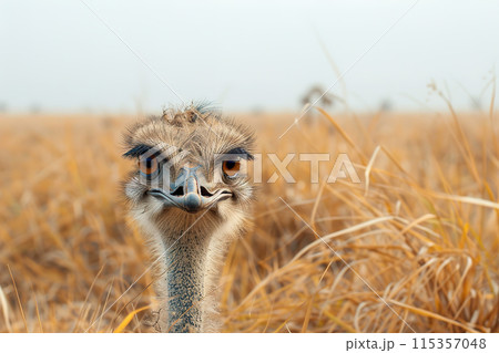 Close-up of a ostrich head standing in a field of tall grass. Farm animals. 115357048