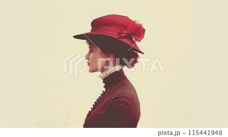 a profile view of a woman wearing a red turban on vintage color background 115441948