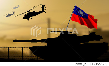 The silhouette of a tank in a war zone with the Taiwan flag, helicopters flying in the background 115455378