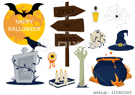 Halloween graphic elements. Happy Halloween vector set of Skull, Ghost, Pumpkin, Witch Hat, Cauldron, Grave. Perfect for scrapbooking, greeting card, party invitation, poster, tag, sticker kit. 115463163