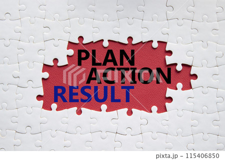 Plan Action Result symbol. Concept words Plan Action Result on white puzzle. Beautiful red background. Business concept and Plan Action Result. Copy space. 115406850