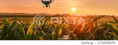 A drone flew over a field of corn at sunset 115648029