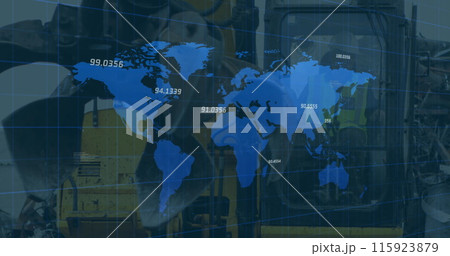 Image of financial data and graphs over machines on junkyard 115923879