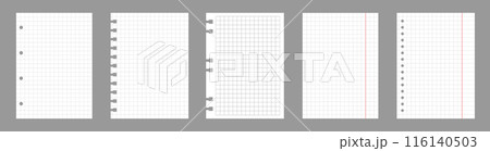 Set of notebook sheets isolated on gray background. Realistic white blanks of checkered paper. Different vertical pages from diary. Vector template 116140503