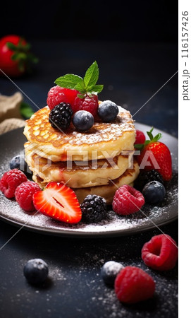 fresh pancakes with berries, closeup, generative AI 116157426